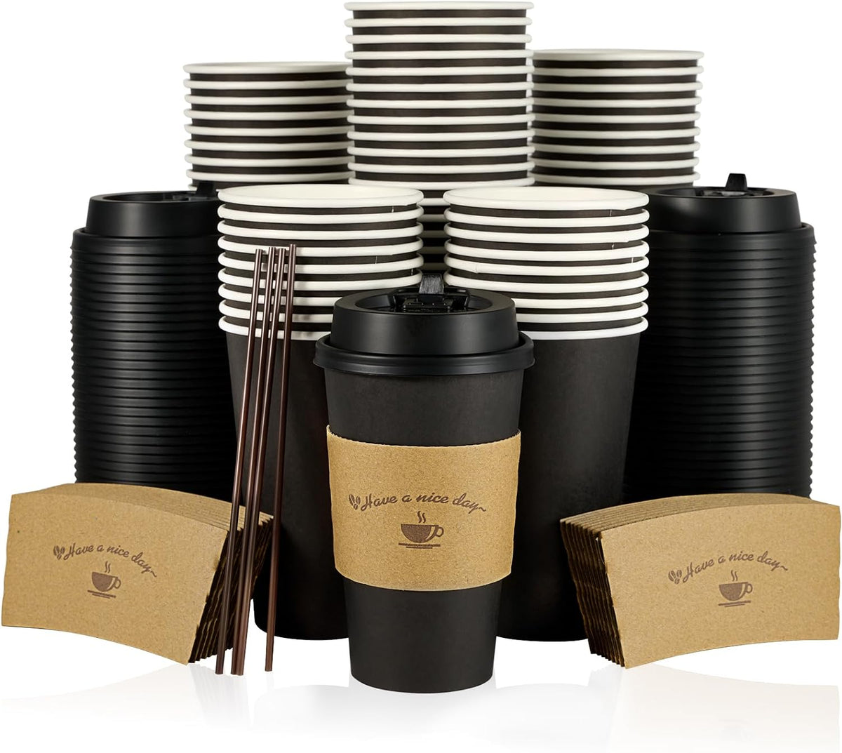 Litopak 100 Pack 16 oz Paper Coffee Cups with Lids, Black Disposable Coffee Cups with Lids, Sleeves and Stirring Sticks, for Parties, Picnic, Travel