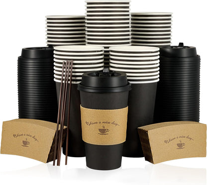 Litopak 100 Pack 16 oz Paper Coffee Cups with Lids, Black Disposable Coffee Cups with Lids, Sleeves and Stirring Sticks, for Parties, Picnic, Travel