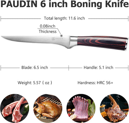 PAUDIN Boning Knife 6 Inch, Super Sharp Fillet Knife, German High Carbon Stainless Steel Deboning Knives, Professional Boning Knives for Meat Poultry Chicken, Pakkawood Handle with Gift Box