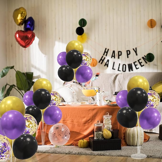 ZJDHPTY Halloween Decorations,4 Set Balloon Stand with Purple Black Gold Balloons,Balloon Centerpieces for Birthday Graduation Wedding Retirement Anniversary Homecoming Indoor Party Decorations
