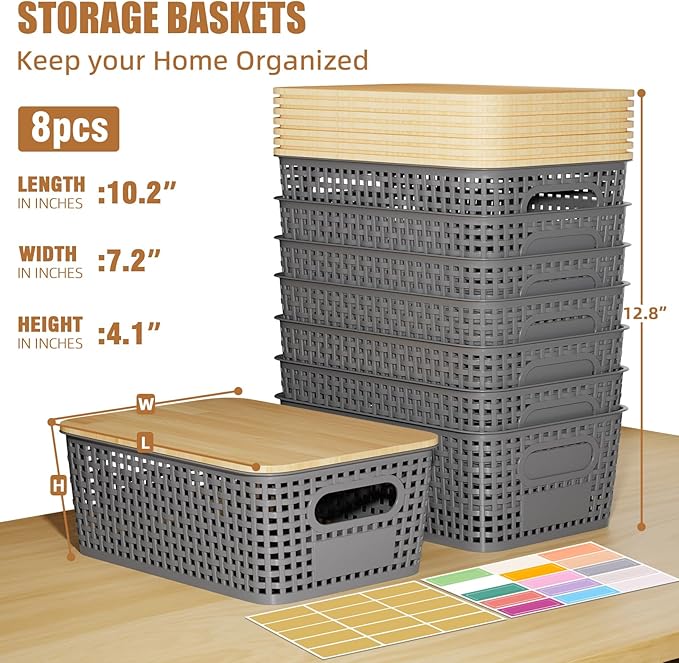 8 Pcs Plastic Storage Bins with Bamboo Lid, Stackable Storage Bins with Lids & Labels for Organizing, Storage Bins for shelves Office Drawer Cabinet & Pantry Nursery Organization,10.2x7.2x4 .1In