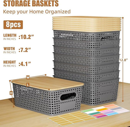 8 Pcs Plastic Storage Bins with Bamboo Lid, Stackable Storage Bins with Lids & Labels for Organizing, Storage Bins for shelves Office Drawer Cabinet & Pantry Nursery Organization,10.2x7.2x4 .1In