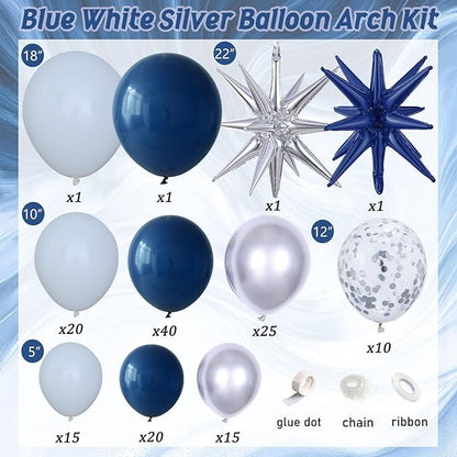 Tesochye 152 pcs Blue White Silver Balloon Garland Arch Kit,Navy Blue Silver Confetti Balloons with Exploding Star Balloons for Graduation Class of 2026 Birthday Wedding Retirement Party Decorations