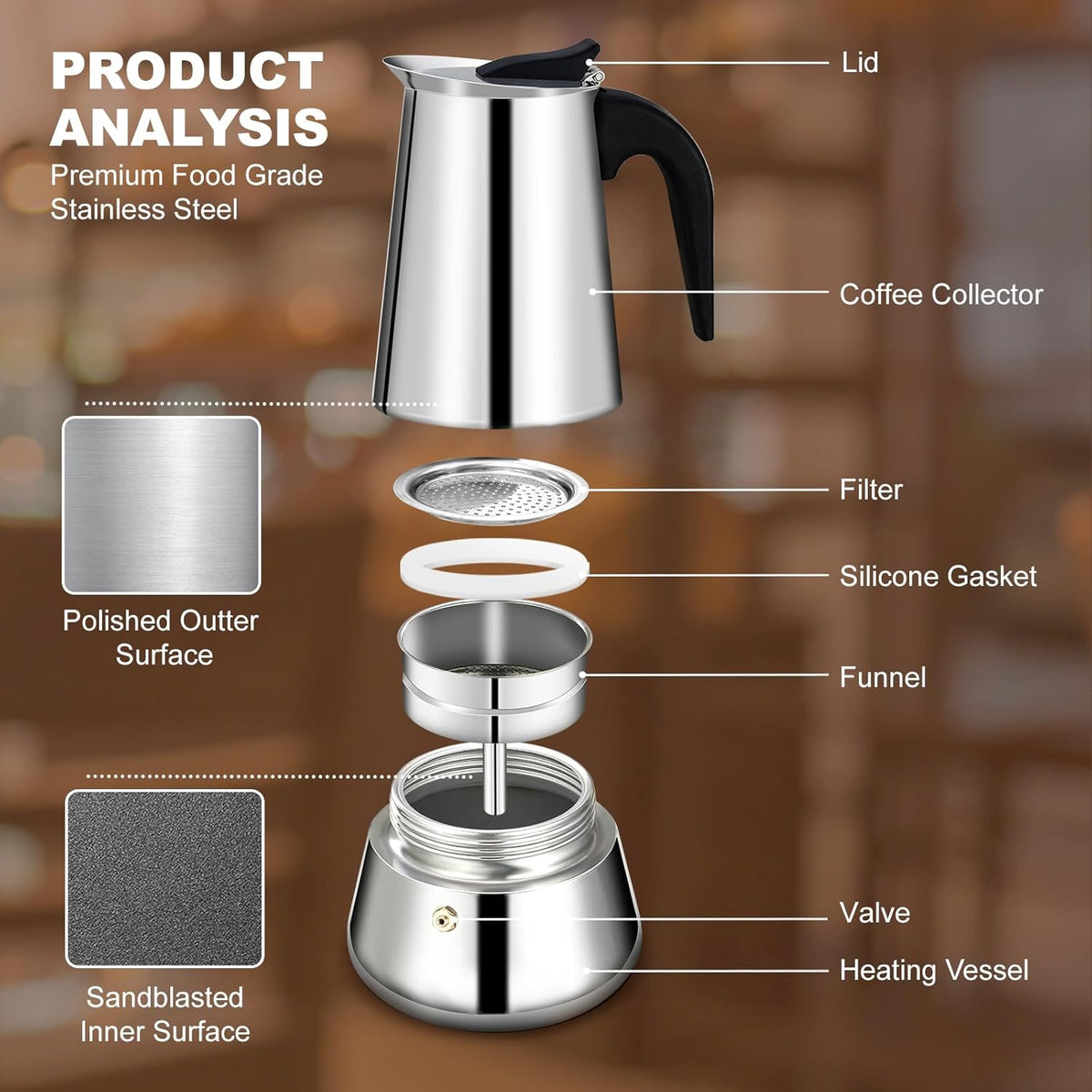 6 Cup Stovetop Espresso Maker Stainless Steel Moka Pot Stove Top Percolator Italian Coffee Makers Capable Mocha Greca Machine Cafe Classic Induction Cookers for Home and Camping 300ml 10oz