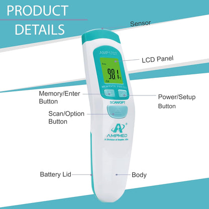 Amplim Non-Contact Forehead Thermometer & Case for Adults, Kids, Baby, FDA Cleared, Medical Grade, Touchless Infrared, 1-Sec Reading, Fever Alarm
