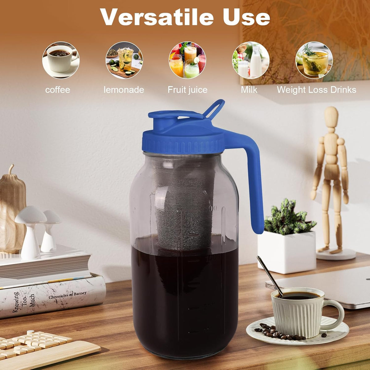 Cold Brew Coffee Maker,64 oz Mason Jar Pitcher with Stainless Steel Filter, Pour Spout Handle Lid