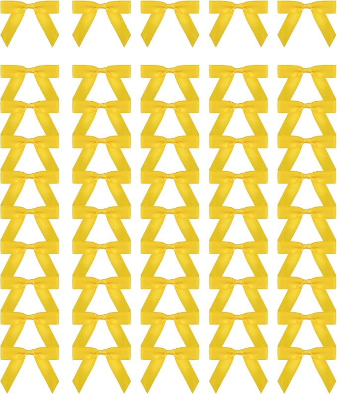Meseey 100 Pcs 1.5 Inches Premade Craft Bows Self Adhesive Yellow Satin Ribbon Bows for Treat Bags Gift Wrapping Basket Wedding Baby Shower Brithday Party(Yellow)