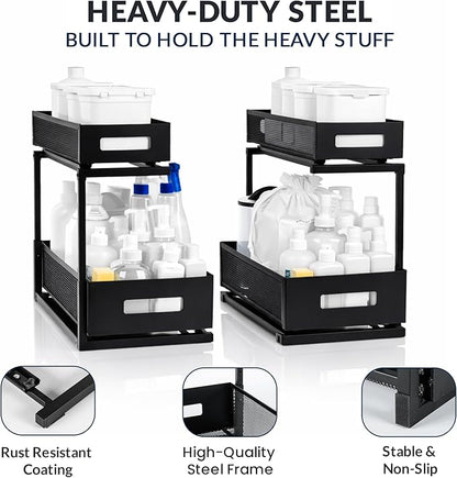 Under Sink Organizer Set of 2, Heavy Duty Matte Black Metal Cabinet Organizer with Retractable Shelves, Adjustable Height, Expandable Storage for Kitchen Bathroom and Laundry Room
