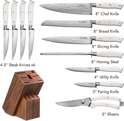Yatoshi 12 Piece White Knife Block Set - Pro Kitchen Knife Set Ultra Sharp High Carbon Stainless Steel with Ergonomic Handle