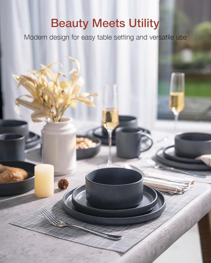 Famiware Star Plates and Bowls Sets, Modern Stoneware Dinnerware Sets for 6, 18-Piece Kitchen Dish Set - Chip and Scratch Resistant, Microwave and Dishwasher Safe Tableware, Matte Dark Charcoal