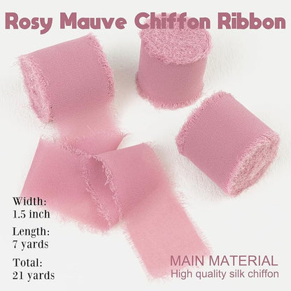 Rosy Mauve Chiffon Ribbon - 1.5 Inch x 21 Yards, Handmade Fringe, Silk, Boho Frayed, Perfect for Gift Wrapping, Wedding Invitations, Bridal Flower Bouquets