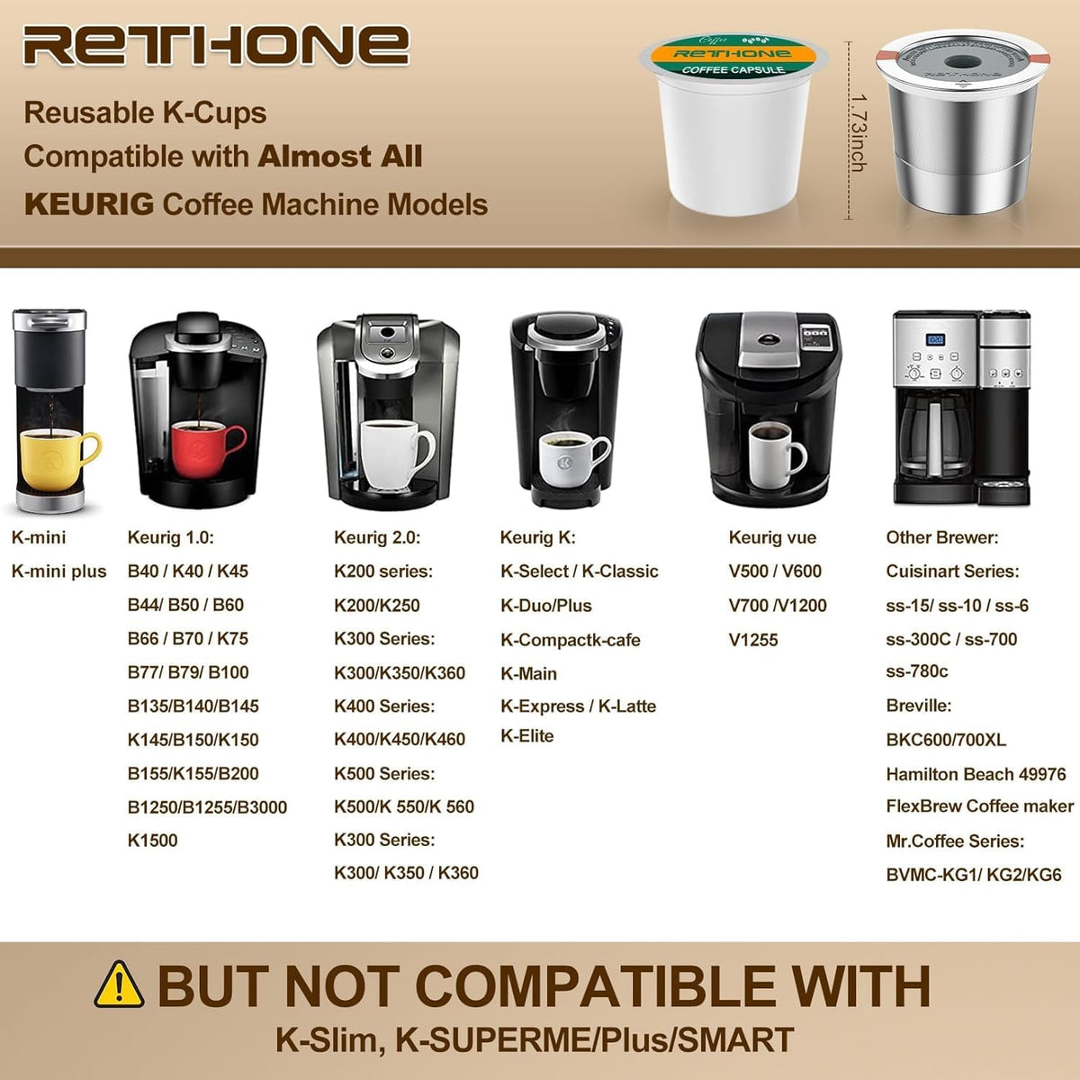 Rethone Reusable K Cups and Coffee Pods for Keurig 1.0 & 2.0 Coffee Maker Stainless Steel Coffee Filter(2 pack)