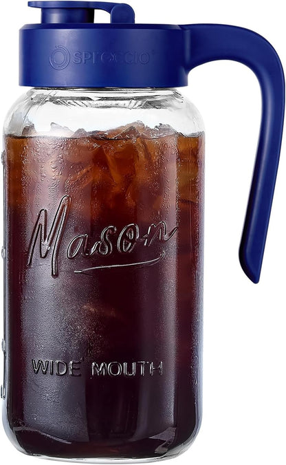 Mason Jar Pitcher - Airtight & Leakproof Glass Pitcher with Lid, Perfect for Breastmilk, Cold Brew, and Sun Tea, 2 Quart (64 oz) Mason Jar with Pour Spout Lid