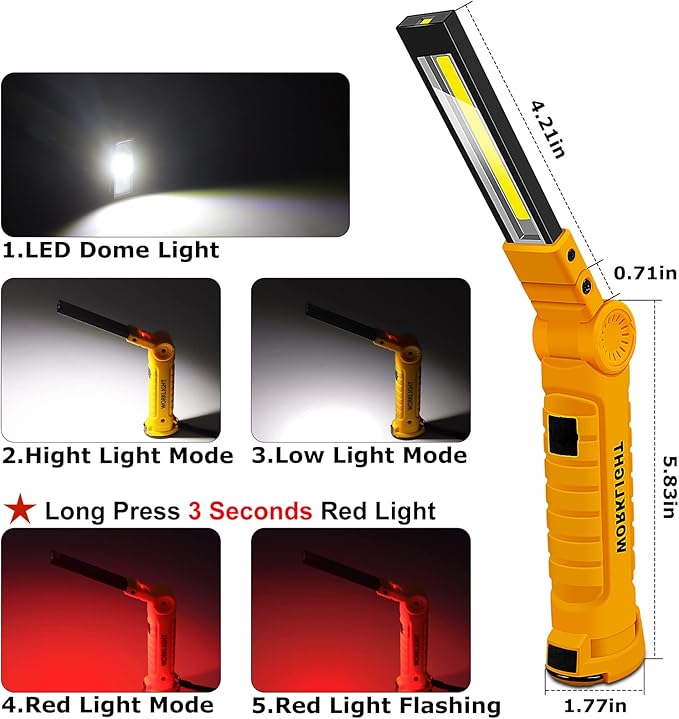 2Pack LED Work Light, USB Rechargeable COB Light with Magnetic Base 360°Rotate and 5 Modes, Folding Flashlight Inspection Light for Car Repairing, Workshop, Household and Emergency Use, Large