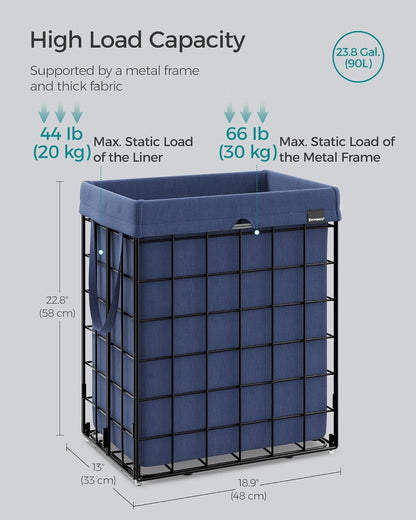 SONGMICS Laundry Hamper, 23.8 Gal. (90L) Laundry Basket, Collapsible Clothes Hamper, Removable and Washable Liner, Metal Wire Frame, for Bedroom Bathroom, Black and Charcoal Blue ULCB190Q01