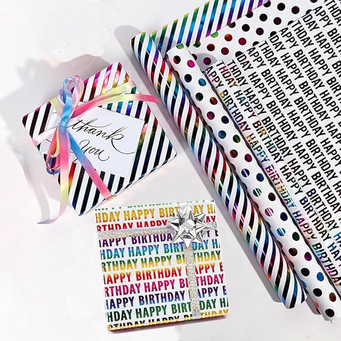 Birthday Wrapping Paper Iridescent Gift Wrapping Paper Mini Roll Baby Girl Shower Wrapping Paper, 3 Rolls Happy Birthday Polka Dots Stripes Printed Assortment - 17 inch x 120 inch(10feet) Per Roll