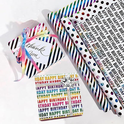 Birthday Wrapping Paper Iridescent Gift Wrapping Paper Mini Roll Baby Girl Shower Wrapping Paper, 3 Rolls Happy Birthday Polka Dots Stripes Printed Assortment - 17 inch x 120 inch(10feet) Per Roll