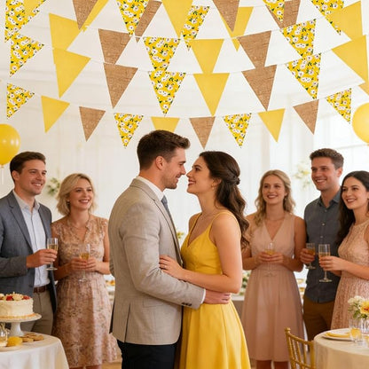 Zwiebeco 39Ft Yellow Daisy Flowers Fabric Pennant Banner Vintage Burlap Triangle Flag Retro Bunting Party Decoration for Birthday Engagement Wedding Bridal Baby Shower Rustic Village Home Garden Décor