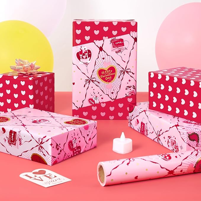 WERNNSAI Valentines Wrapping Paper Roll - 1 Roll 17’’ x 33ft Valentines Day Wrapping Paper Pink Red Heart Gift Packing Decorations for Men Women with Cutting Line Bridal Shower Wedding Supplies