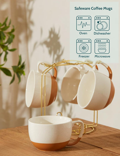 Teocera Beige Coffee Mugs Set of 4, 16 oz Ceramic Coffee Mug, Large Mug Set with Handle for Cold or Hot Drinks like Cocoa, Latte, Milk, Cereal