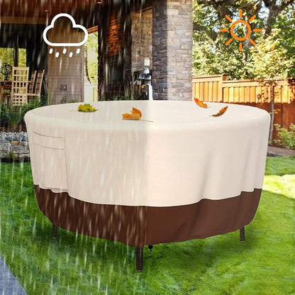 Patio Furniture Covers, Heavy Duty Round Patio Table Cover (72D x 28H Inch) Outdoor Dining & Coffee Table Cover for Veranda, Lawn, Table, Chair-Waterproof & Weather Resistant, Anti UV - Beige & Brown