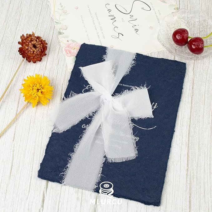 White Chiffon Ribbon - 1-1/2 Inch x 21 Yards Handmade Fringe Silk Ribbon for Wedding Invitation, Bridal Flower Bouquets, Floral Arrangement, Gift Wrapping