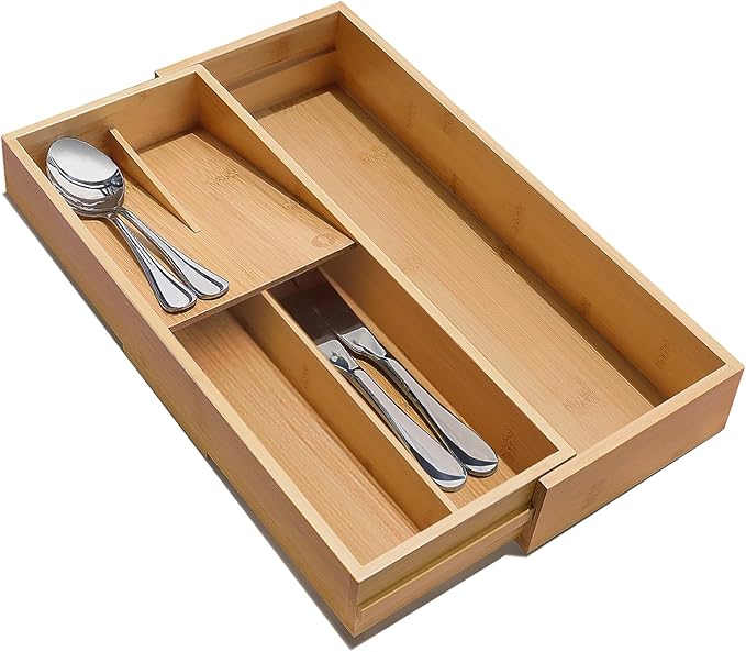 guiogc Expandable Bamboo Kitchen Drawer Organizer - Silverware Organizer - Utensil Holder and Cutlery Tray for Flatware Organizers and Kitchen Utensils