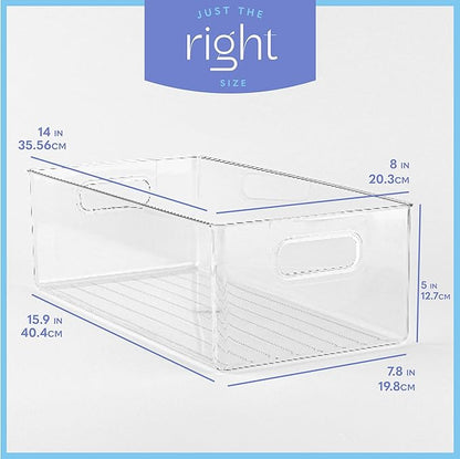 Plastic Food Storage 4 Pack Clear Container Bin with Handles for Organizing Kitchen, Pantry, Refrigerator, Freezer, Pantry, Cabinet, Closet, Bathroom. 14”x8”x5”
