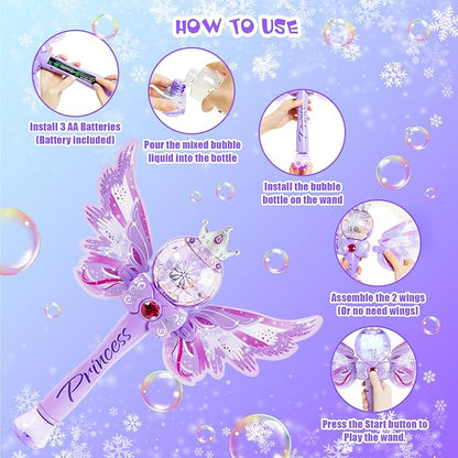 Princess Bubble Wands for Kids,Light Up & Musical Bubble Machine,Bubble Blower,Bubble Maker,Gift for 3 4 5 6 7 8 Year Old Girls,Outdoor Birthday Party Bubble Toy for Toddlers.(Light Purple)