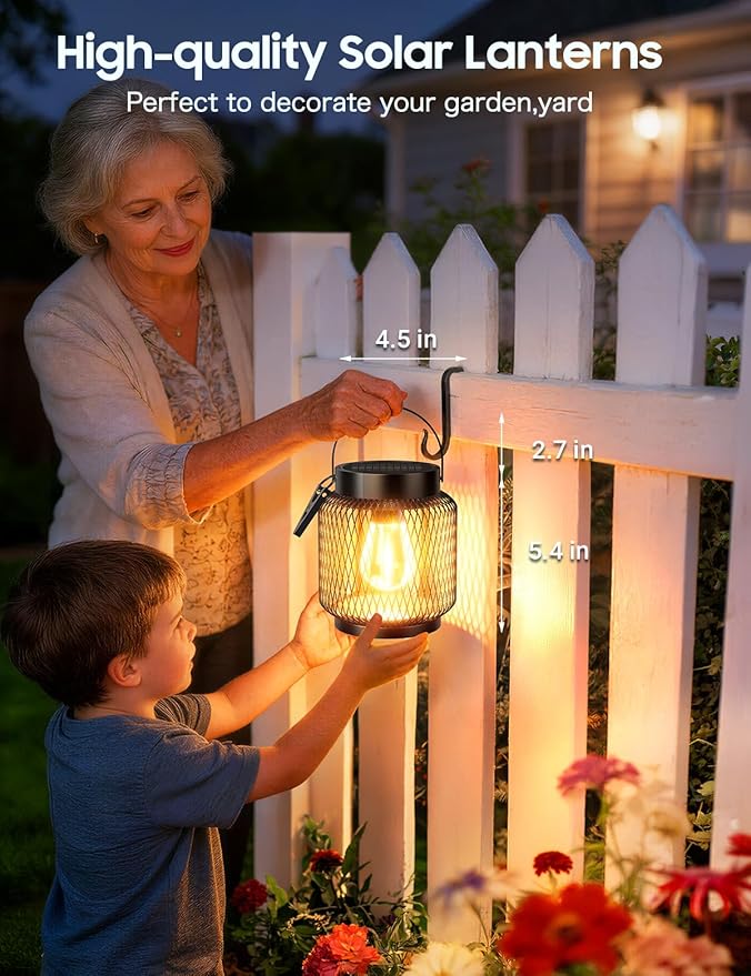 KOOPER Metal Solar Lanterns Outdoor Waterproof, 2 Pack Brighter Hanging Solar Lights for Outside, Up to 15 Hours Modern Hanging Solar Powered Lanterns Lights for Yard Patio Porch Garden Decorative