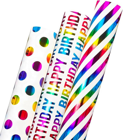 Birthday Wrapping Paper Iridescent Gift Wrapping Paper Mini Roll Baby Girl Shower Wrapping Paper, 3 Rolls Happy Birthday Polka Dots Stripes Printed Assortment - 17 inch x 120 inch(10feet) Per Roll