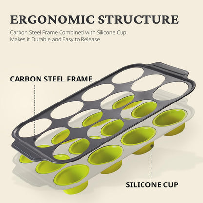 Bronypro Silicone Muffin Pans for Baking with Metal Frame, Egg Bite Maker Silicone Molds, Cupcake Pans 12 Regular Size