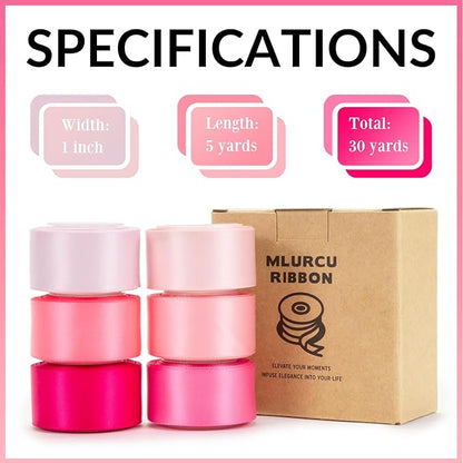 Pink Ribbon 1 Inch Assorted Double Faced Pink Satin Ribbon Set for Flower Bouquet, Gift Wrapping, Wedding Invitation, Bridal Shower Decor, Hair Bows and Crafts, 6 Rolls Total 30 Yards