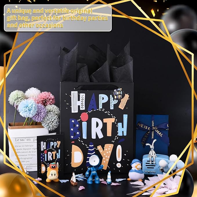 13" Black Happy Birthday Bag with Tissue Paper and Greeting Card for Party,Happy Birthday Gift Bag for Boys, Kids, Men,Gift Bags Medium size (1 PCS Black, Gift Bag)