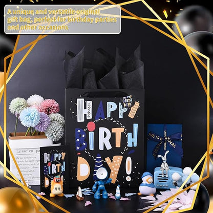 13" Black Happy Birthday Bag with Tissue Paper and Greeting Card for Party,Happy Birthday Gift Bag for Boys, Kids, Men,Gift Bags Medium size (1 PCS Black, Gift Bag)