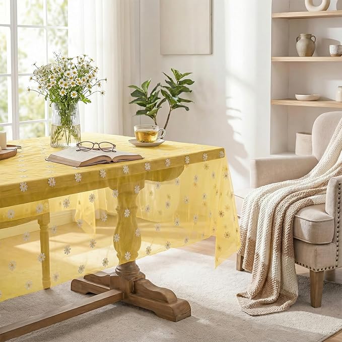 Horaldaily Yellow Embroidery Daisy Spring Summer Gauze Tablecloth 60×104 Inch Rectangular, Seasonal Tulle Table Cover, Garden Party Decorations for Wedding, Party, Holiday Dining