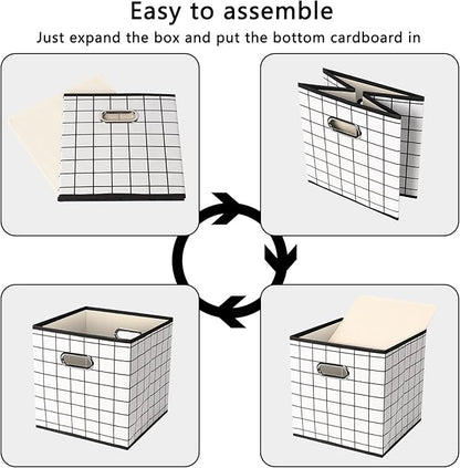Yunkeeeper storage bins Cubes, Fabric Cube Organizer with Handle, Foldable Cube Bins for Cloth or Accessary Storage, 11x11x11, Set of 6, (White grid)