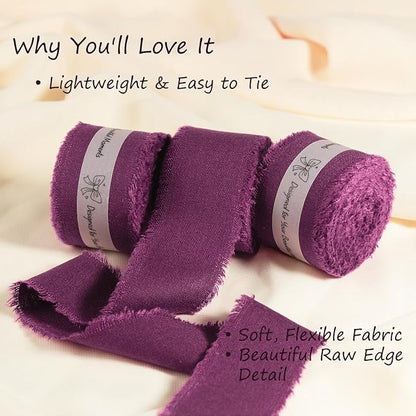 Grape Wine Cotton Ribbon 1-1/2 Inch Grape Wine 3 Rolls 21 Yards Frayed Edge Fabric Set for Wedding Decor, Anniversary Celebration, Bridal Bouquet Wrap, Gift Wrapping & Fall Wedding