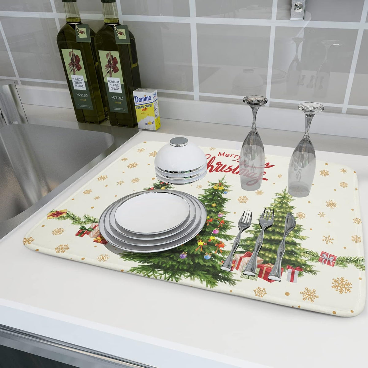 Merry Christmas Dish Drying Mats for Kitchen Counter 16x18 Inch Christmas Tree Dish Drainer Mats Dry Pad Xmas Forest Drying Mat for Dish Christmas