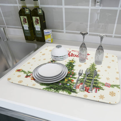 Merry Christmas Dish Drying Mats for Kitchen Counter 16x18 Inch Christmas Tree Dish Drainer Mats Dry Pad Xmas Forest Drying Mat for Dish Christmas