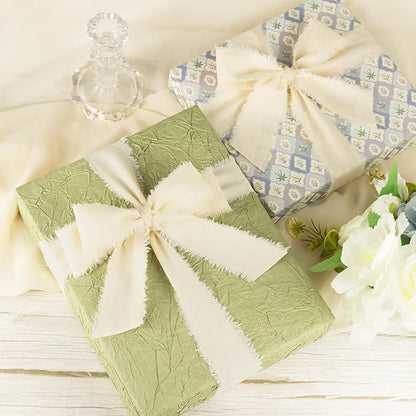 Ivory Cotton Ribbon 1-1/2 Inch Ivory 3 Rolls 21 Yards Frayed Edge Fabric Set for Wedding Invitations, Bridal Shower, Anniversary Celebration, Elegant Event Decor & Gift Wrapping