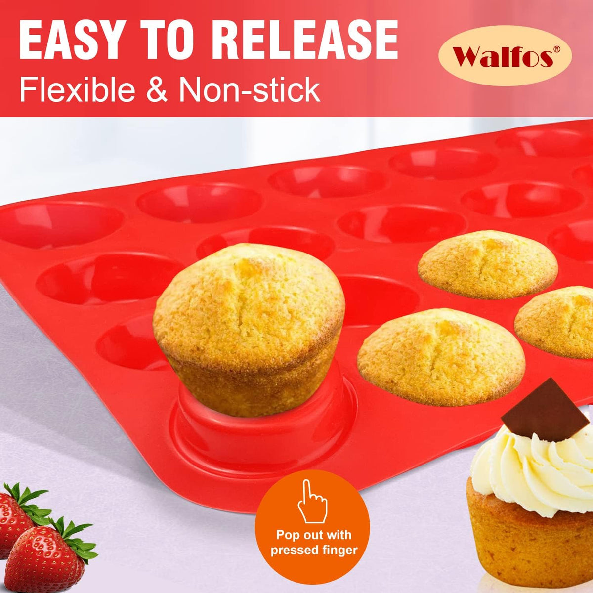 Walfos Mini Silicone Muffin Pan - 24 Cups, BPA Free and Dishwasher Safe, Non-stick Silicone Cupcake Baking Pan, Great for Making Muffin Cakes, Tart