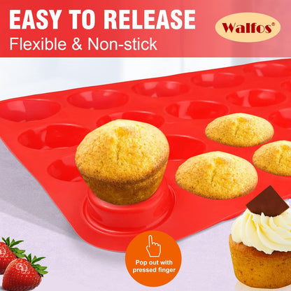 Walfos Mini Silicone Muffin Pan - 24 Cups, BPA Free and Dishwasher Safe, Non-stick Silicone Cupcake Baking Pan, Great for Making Muffin Cakes, Tart