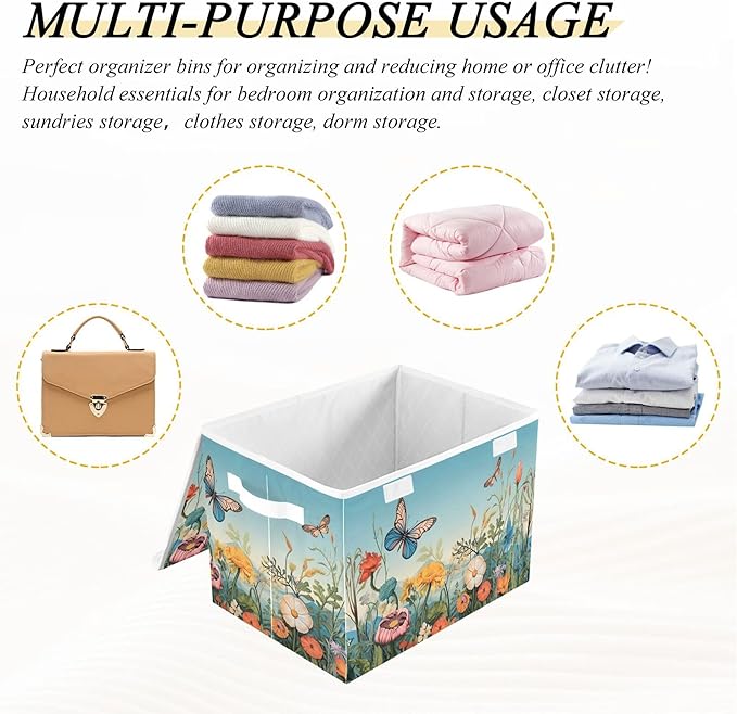 Colorful Flower Pattern Storage Bins with Lids and Carrying Handle,Foldable Storage Boxes Organizer Containers Baskets Cube with Cover for Home Bedroom Closet Office