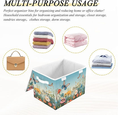 Colorful Flower Pattern Storage Bins with Lids and Carrying Handle,Foldable Storage Boxes Organizer Containers Baskets Cube with Cover for Home Bedroom Closet Office
