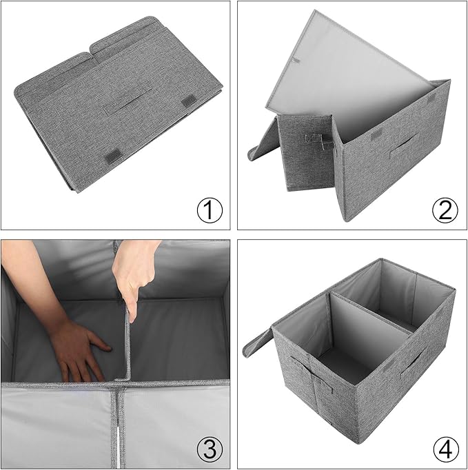 2 Pack Large Linen Fabric Collapsible Storage Bins with Lid and Handles, Washable Storage Box Baskets Cube with Removable Divider for Bedroom,Closet,Office,Living Room,Nursery (Black, Small)
