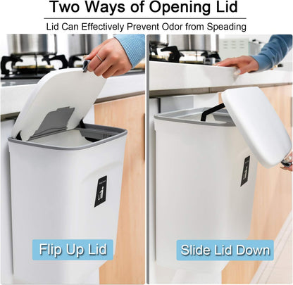Tiyafuro 2.4 Gallon Kitchen Compost Bin for Counter Top or Under Sink, Hanging Small Trash Can with Lid for Cupboard/Bathroom/Bedroom/Office/Camping, Mountable Indoor Compost Bucket, White