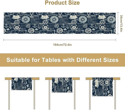 Marine Ship Table Runner, Nautical Pattern Seasonal Farmhouse Sea Rustic Kitchen Dining Table Decoration for Holiday Home Party Festival 13x36in