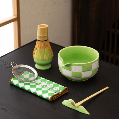 7pcs Traditional Matcha Tea Ceremony Set, green Ceramic Bowl with Bamboo Whisk, Holder and Strainer (Green grid) Elegant Matcha Set for Gifting and