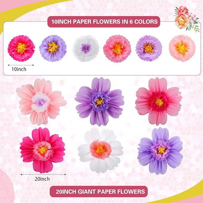 Crowye 12 Pcs Large Colorful Tissue Paper Flowers Decorations Giant Fiesta Craft Crepe Paper Flowers for Wall Decor Backdrop Mexican Wedding Birthday Carnival Party (10'' 20'',Bright Color)
